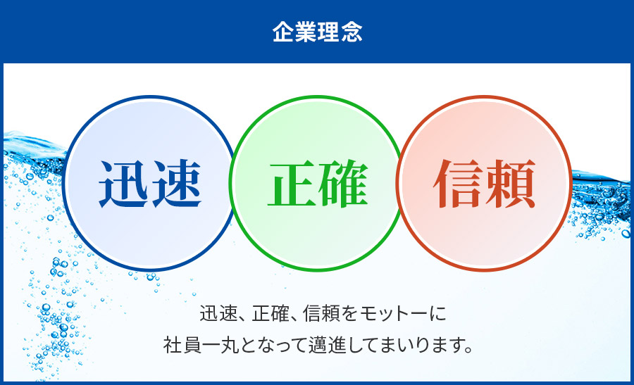 企業理念迅速正確信頼迅速、正確、信頼をモットーに 社員一丸となって邁進してまいります。